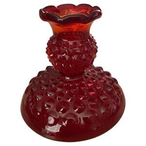 Vintage Amberina Hobnail Glass Candle Holder Red Orange Ruffled Mid Century
